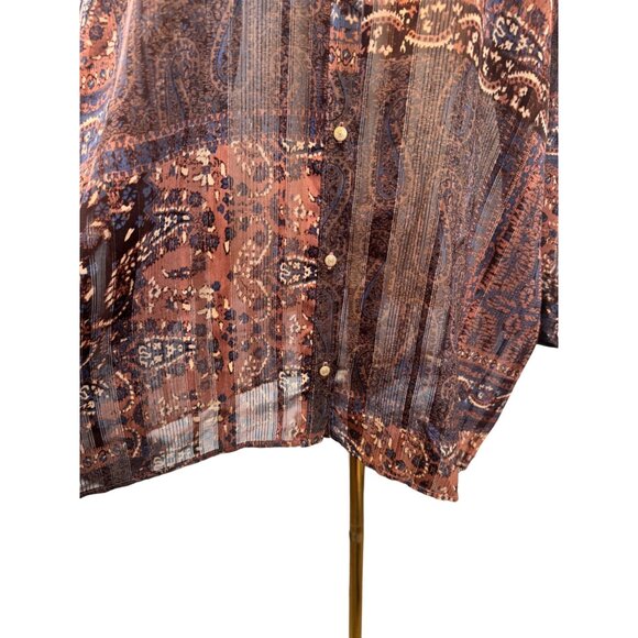 ZARA M Bohemian Brown Rust Blue Print Dolman Sleeve Button-Down Blouse - Picture 10 of 16